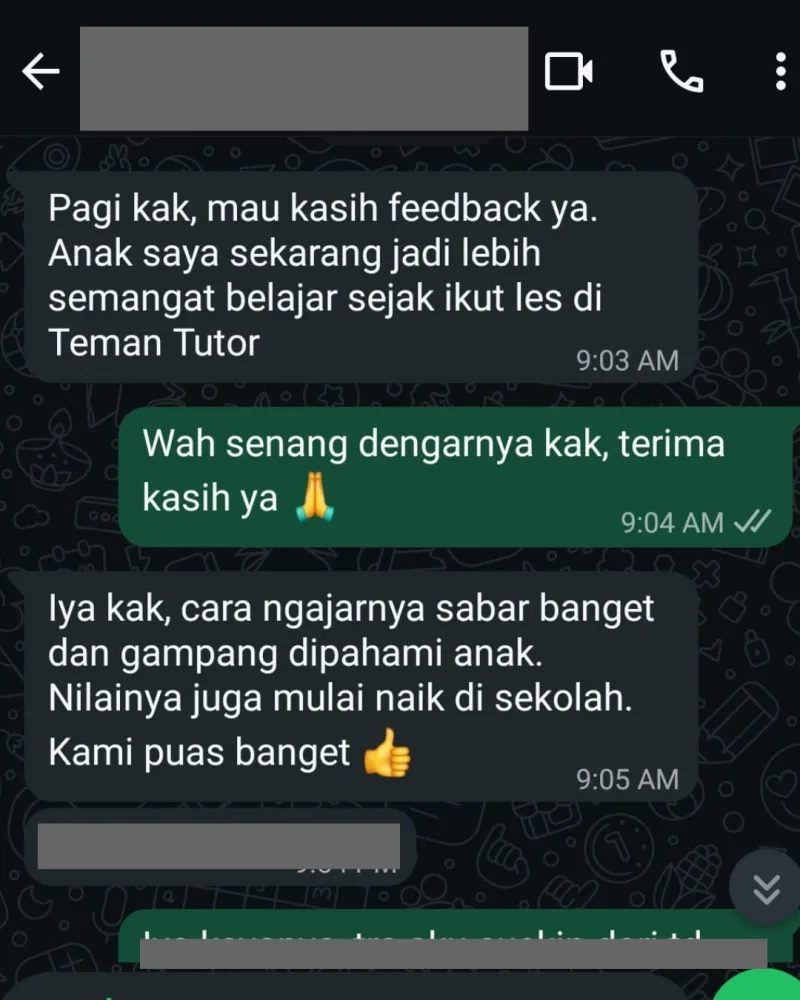 Anak saya jadi lebih semangat belajar sejak ikut les di Teman Tutor. Cara ngajarnya sabar dan gampang dipahami. Nilainya juga mulai naik di sekolah. Kami puas banget.