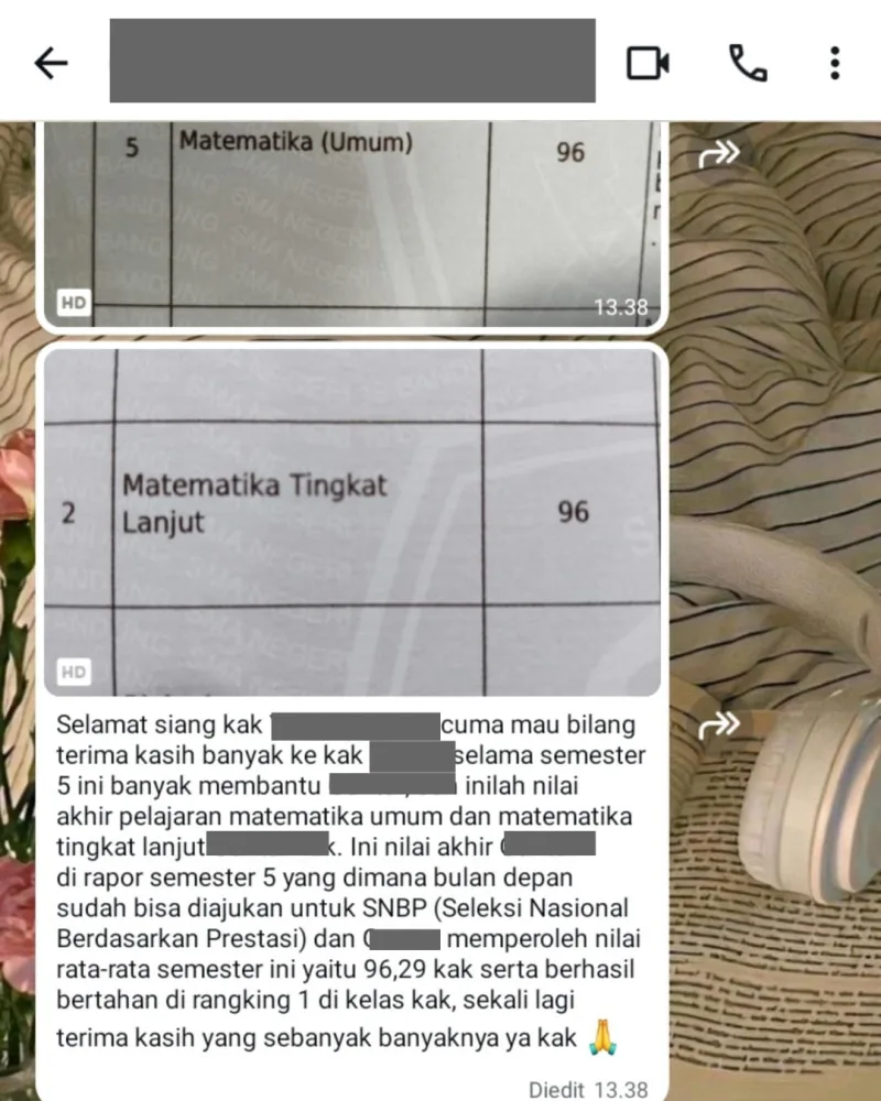 Nilai matematika umum dan tingkat lanjut 96 di rapor semester 5. Rangking 1 di kelas, nilai rata-rata 96.29, dan siap SNBP.